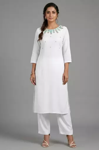 White rayon embroidered kurta set