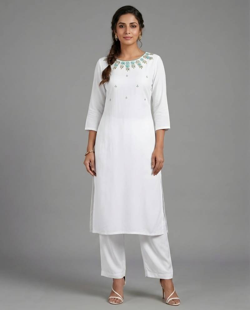 White rayon embroidered kurta set