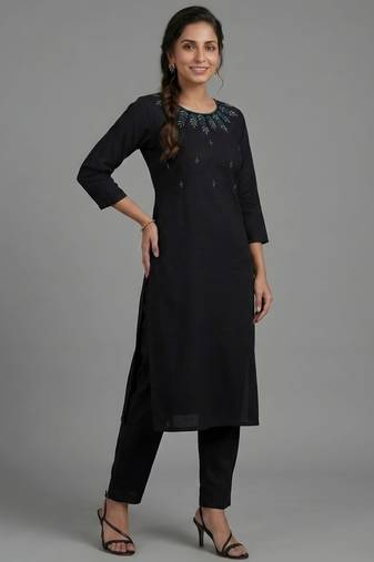 Black rayon embroidered kurta set