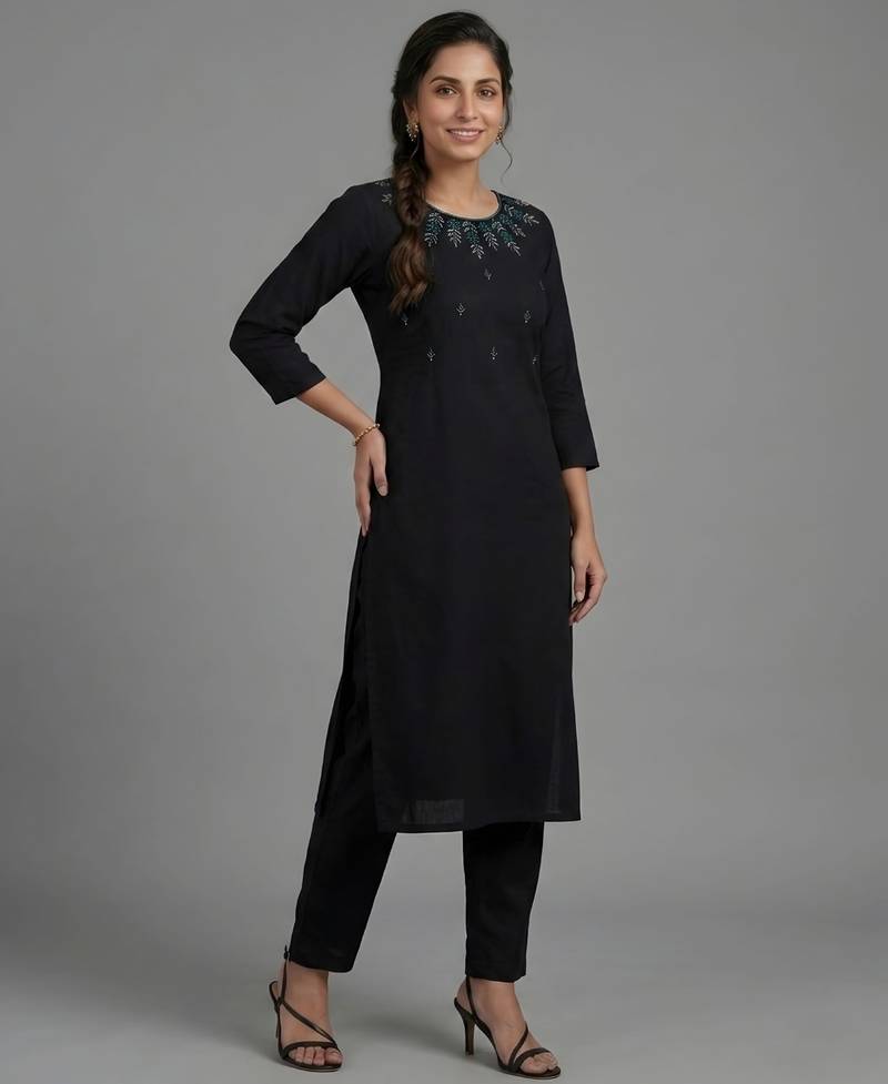 Black rayon embroidered kurta set