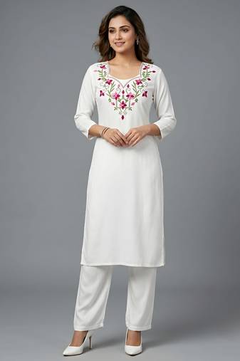 White rayon embroidered kurta set