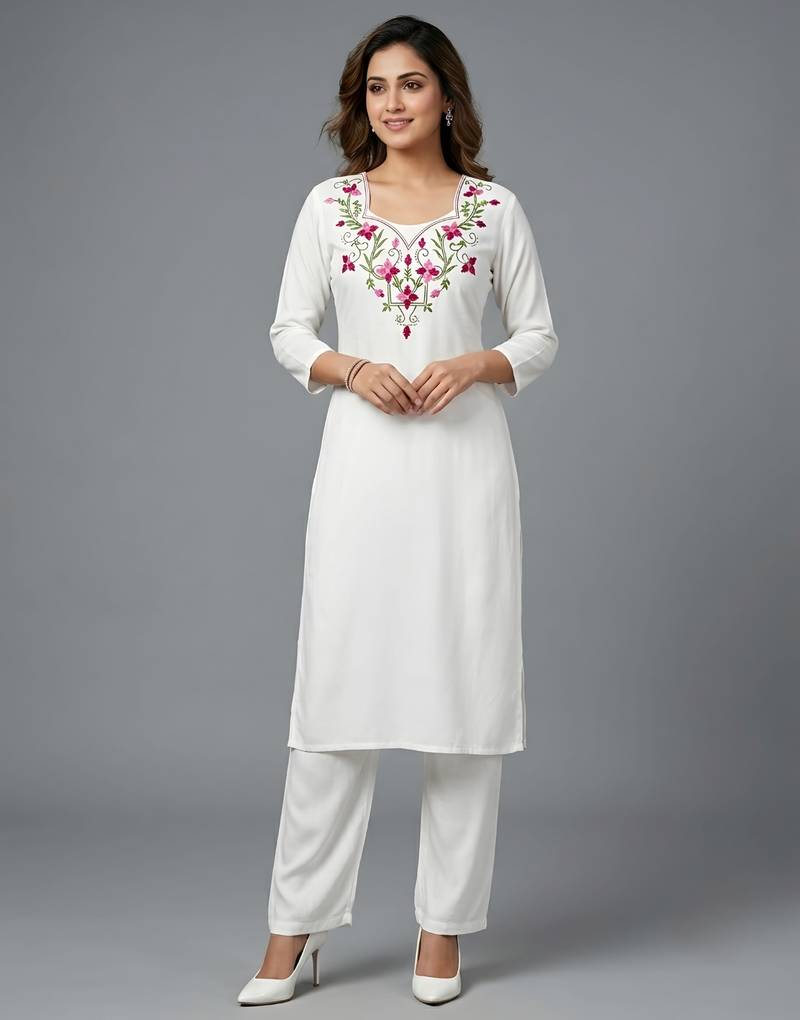 White rayon embroidered kurta set