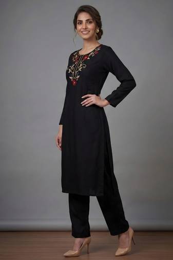 Black rayon embroidered kurta set