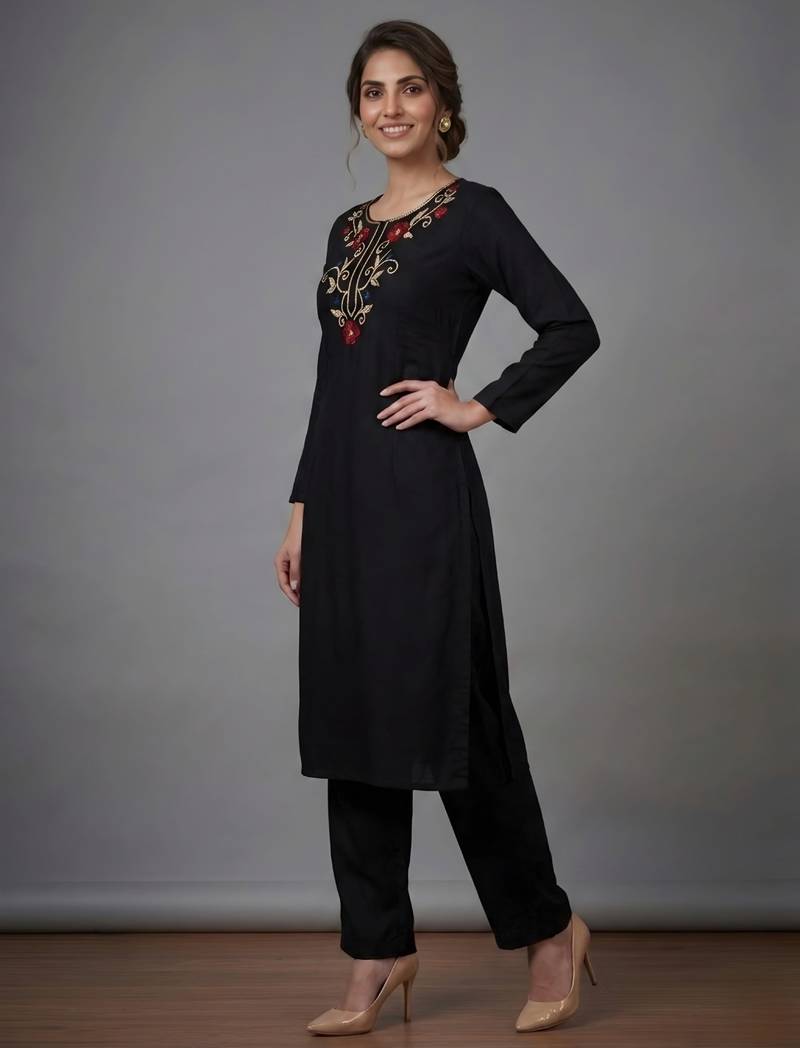 Black rayon embroidered kurta set