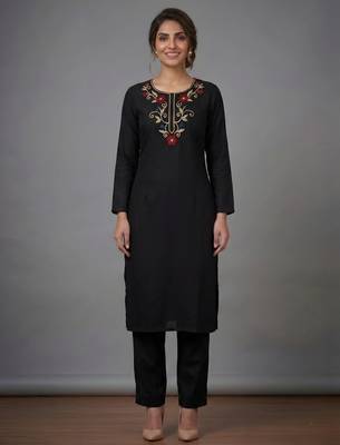 Black rayon embroidered kurta set 2