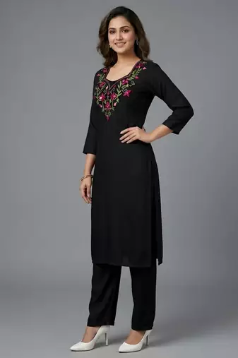 Black rayon embroidered kurta set