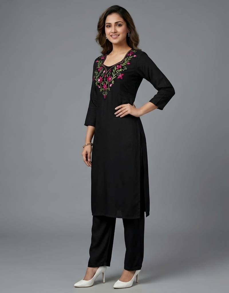Black rayon embroidered kurta set