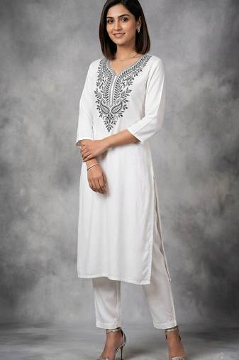 White rayon embroidered kurta set