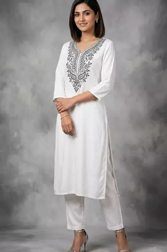 White rayon embroidered kurta set