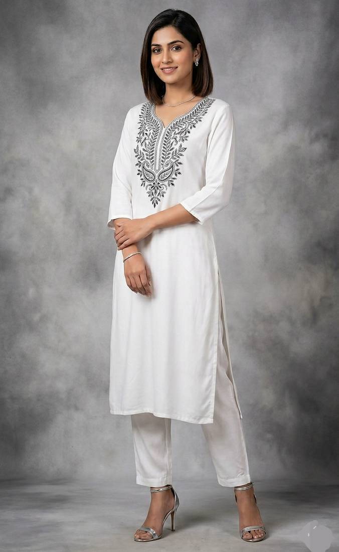 White rayon embroidered kurta set