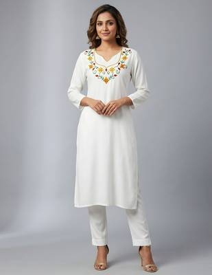 White rayon embroidered kurta set 1