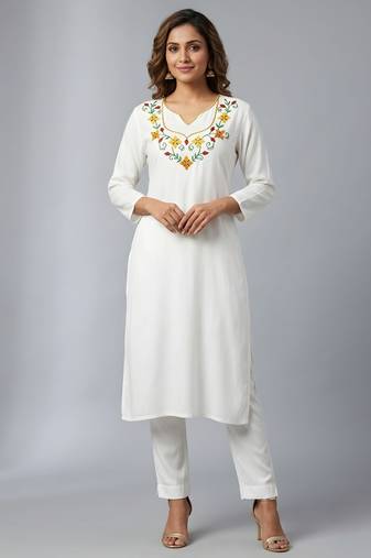 White rayon embroidered kurta set