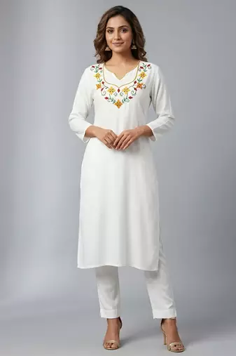 White rayon embroidered kurta set
