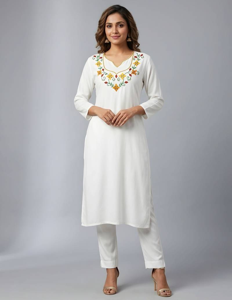 White rayon embroidered kurta set