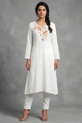 White rayon embroidered kurta set