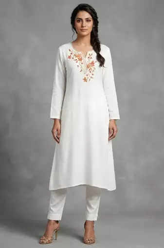 White rayon embroidered kurta set