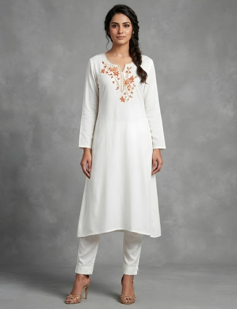 White rayon embroidered kurta set