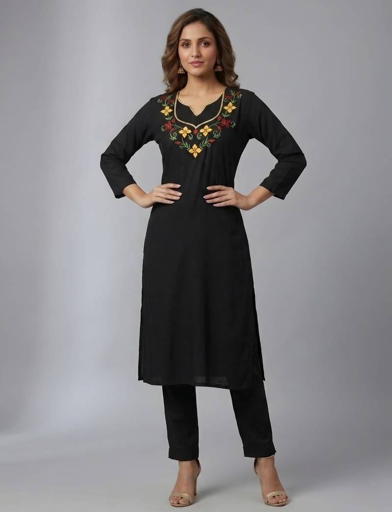 Black rayon embroidered kurta set