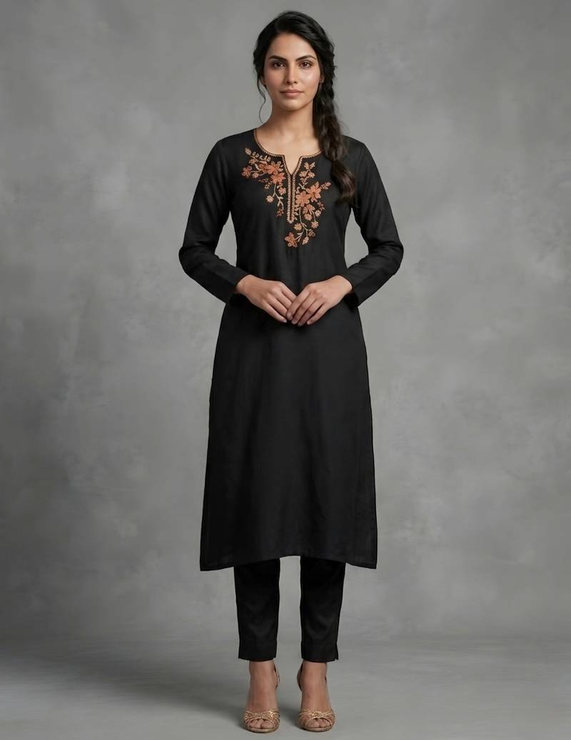 Black rayon embroidered kurta set