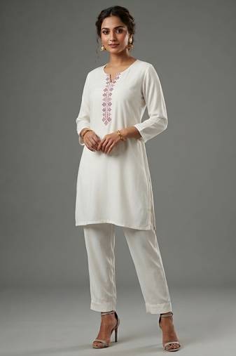 White rayon embroidered kurta set