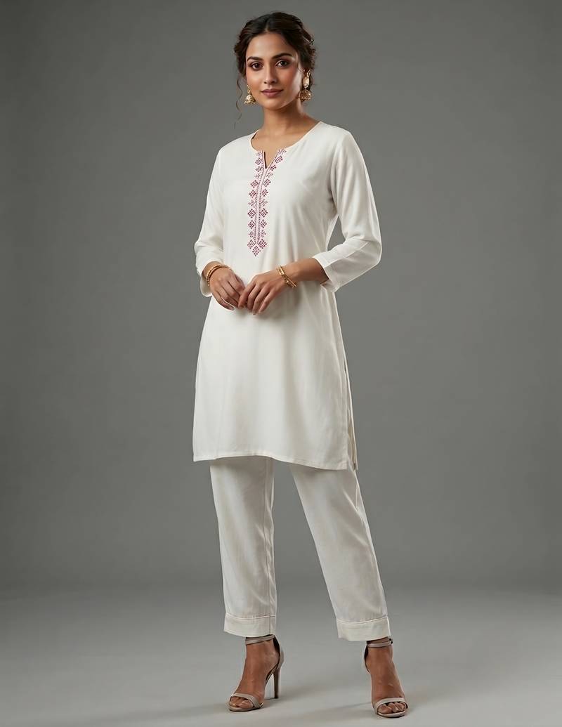 White rayon embroidered kurta set