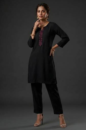Black rayon embroidered kurta set