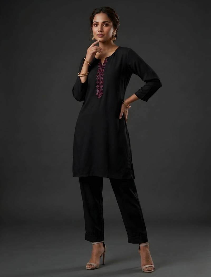 Black rayon embroidered kurta set