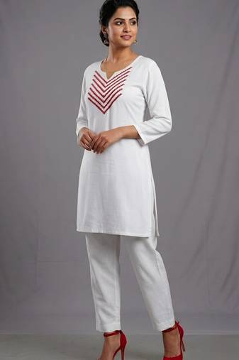 White rayon embroidered kurta set