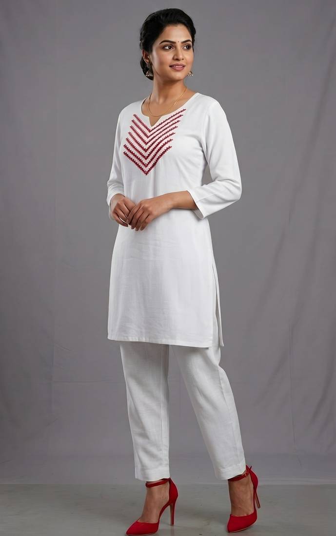 White rayon embroidered kurta set