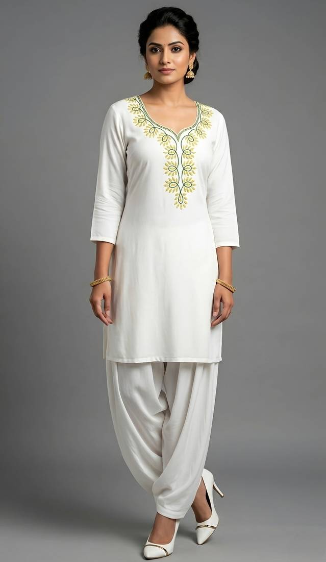 White rayon embroidered kurta set