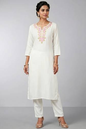 White rayon embroidered kurta set