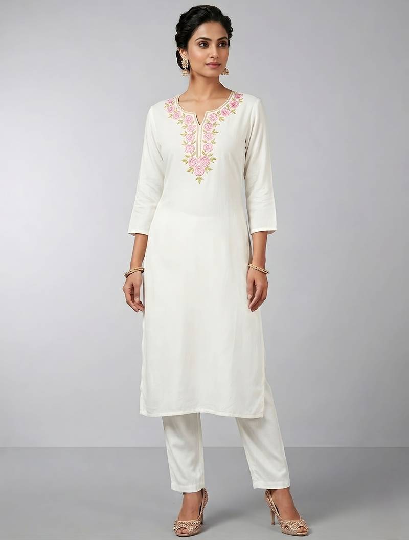 White rayon embroidered kurta set