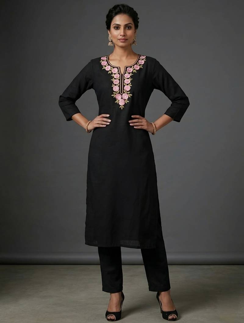 Black rayon embroidered kurta set