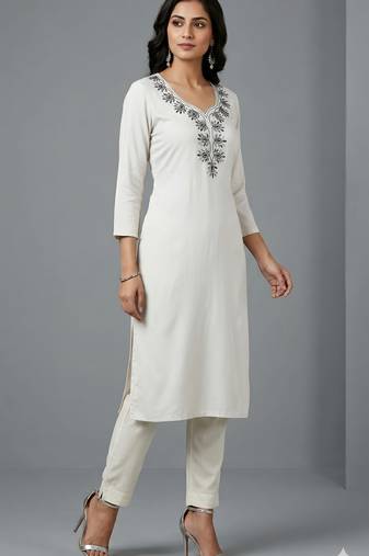 White rayon embroidered kurta set