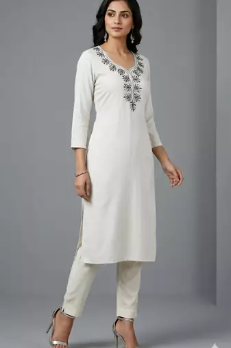 White rayon embroidered kurta set
