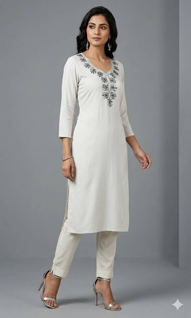 White rayon embroidered kurta set
