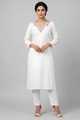 White rayon embroidered kurta set