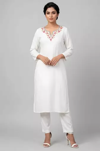 White rayon embroidered kurta set
