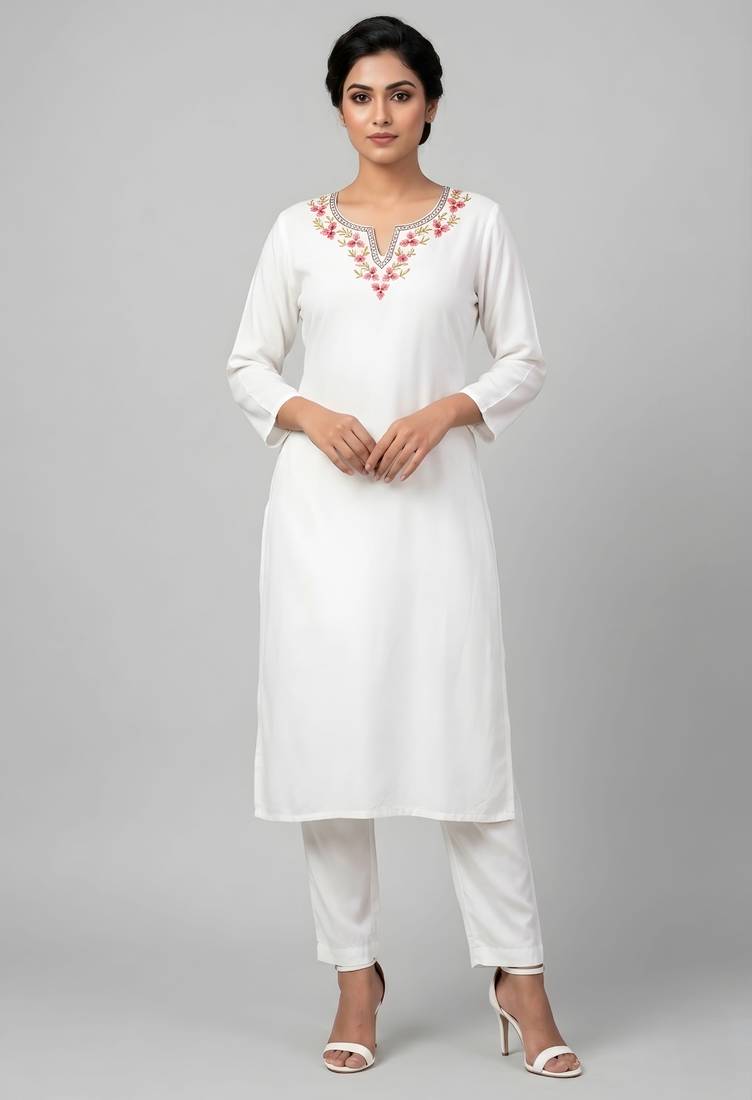 White rayon embroidered kurta set