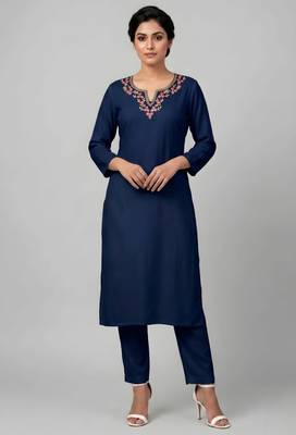 Blue rayon embroidered kurta set 1