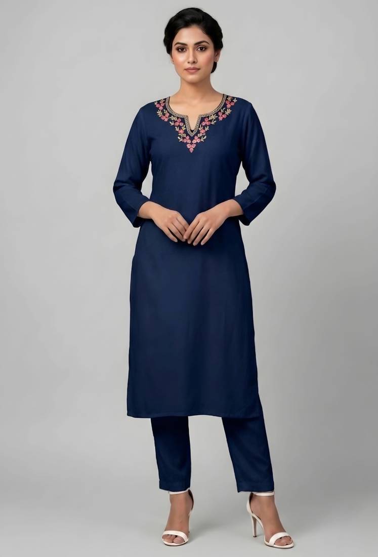 Blue rayon embroidered kurta set