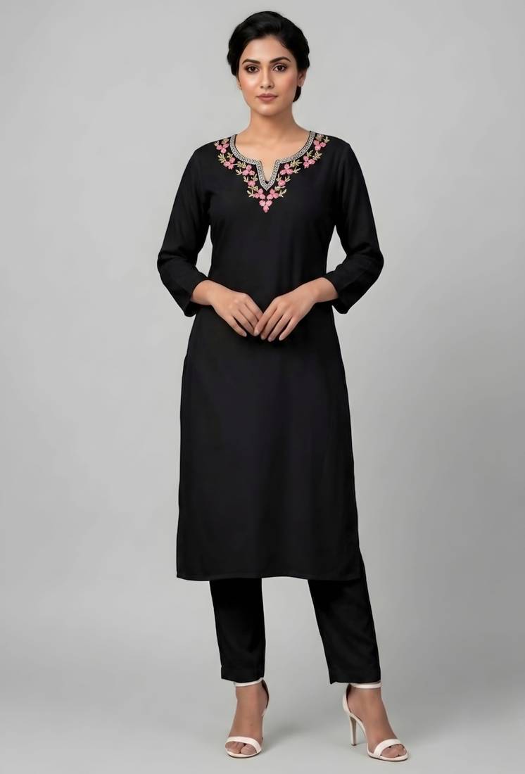 Black rayon embroidered kurta set