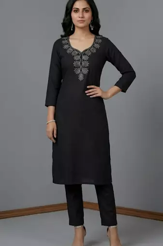 Black rayon embroidered kurta set