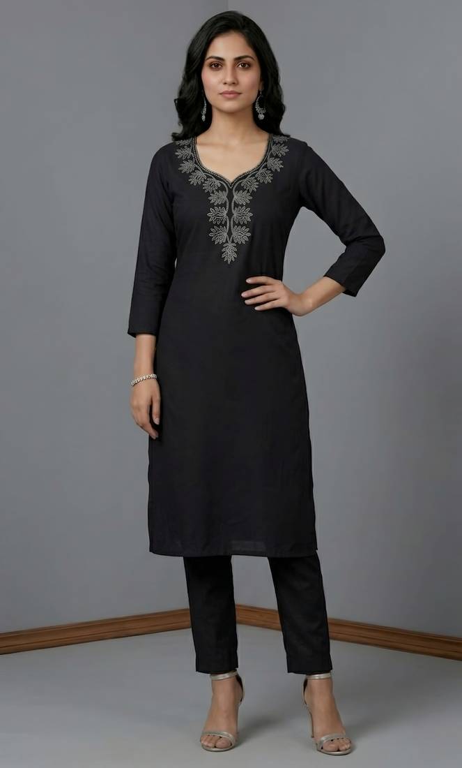 Black rayon embroidered kurta set