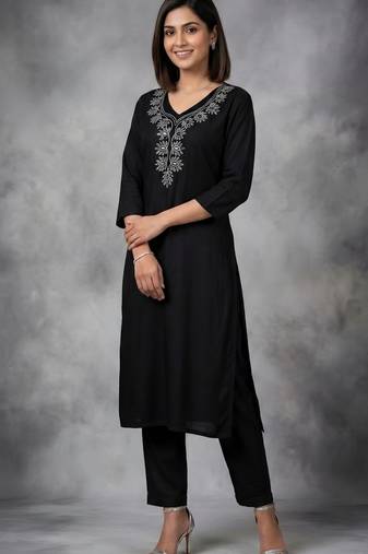 Black rayon embroidered kurta set
