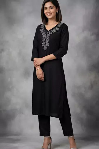 Black rayon embroidered kurta set