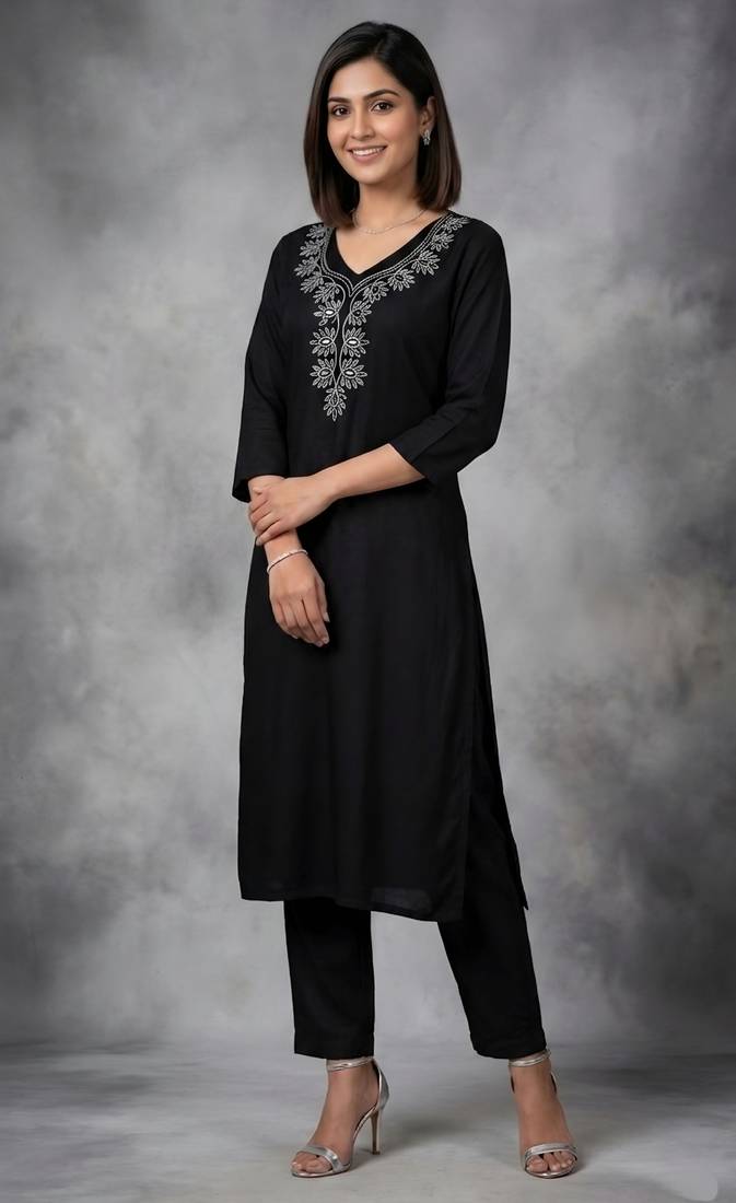 Black rayon embroidered kurta set