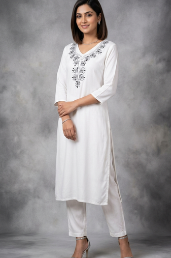 White rayon embroidered kurta set