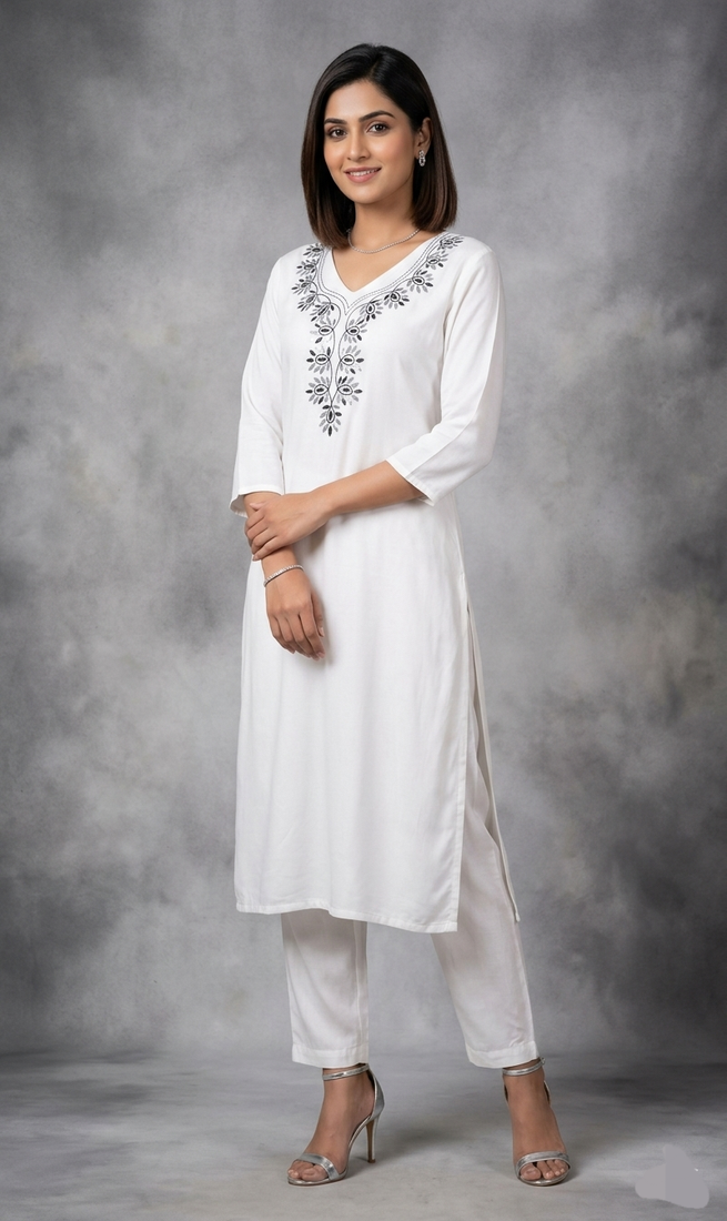 White rayon embroidered kurta set
