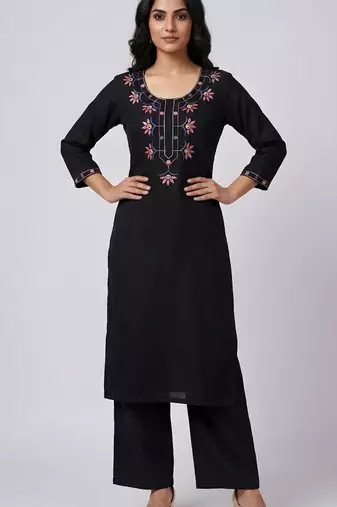 Black rayon embroidered kurta set